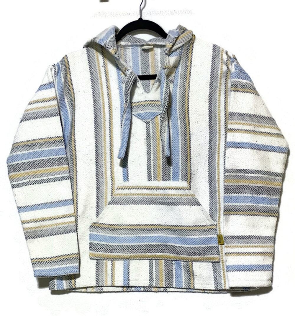 Molina Baja Mexican Hoodie Womens Small White Blue Black Yellow Striped Pullover